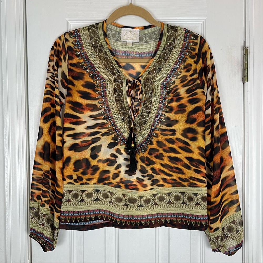 ASA Kaftans Jeweled Animal Print Rhinestone Embellished Tassel Blouse